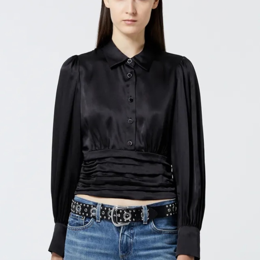 NWT the Kooples Black Satin Silk Shirt gathered Waistband blouse Size 1 S